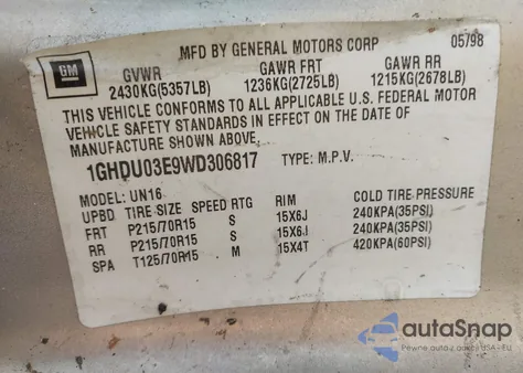 1998 Oldsmobile Silhouette Gs from USA, damaged, VIN 1GHDU03E9WD306817